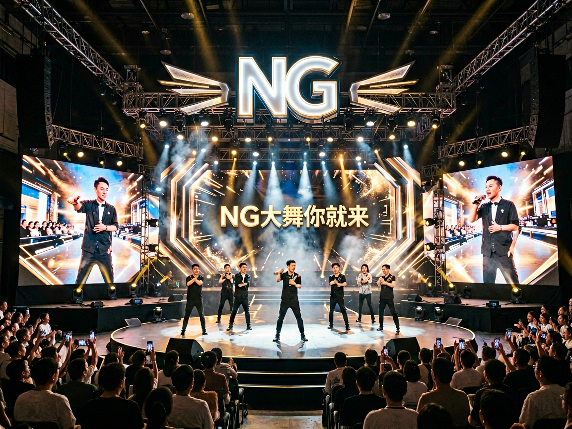NG大舞台全景视角，展示舞台结构与品牌视觉元素