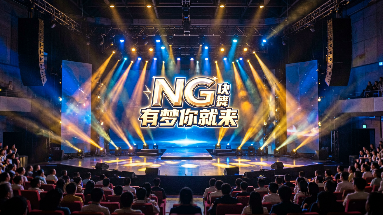 壹号娱乐NG大舞台全景，灯光璀璨的舞台中央展示品牌标识